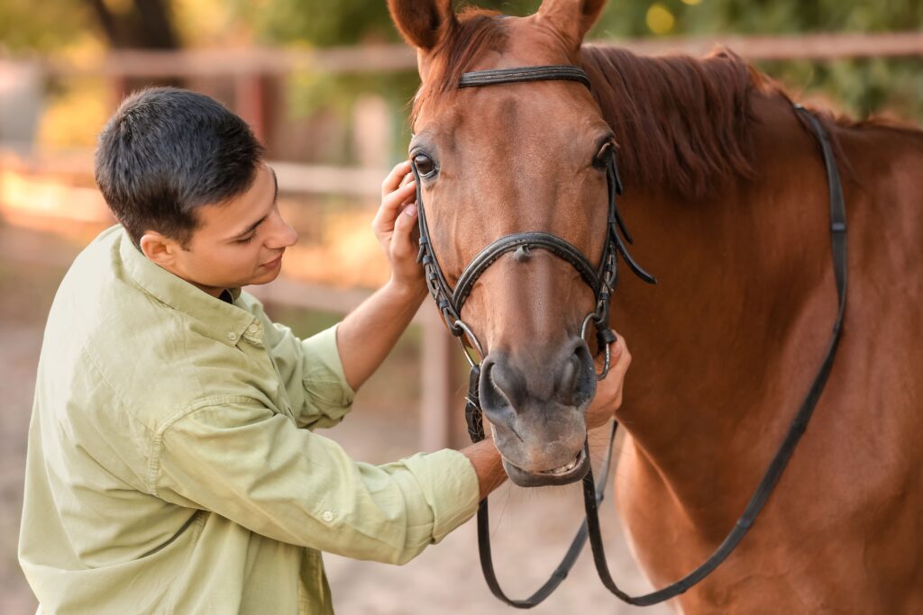 man cares for a horse during equine therapy in Atlanta